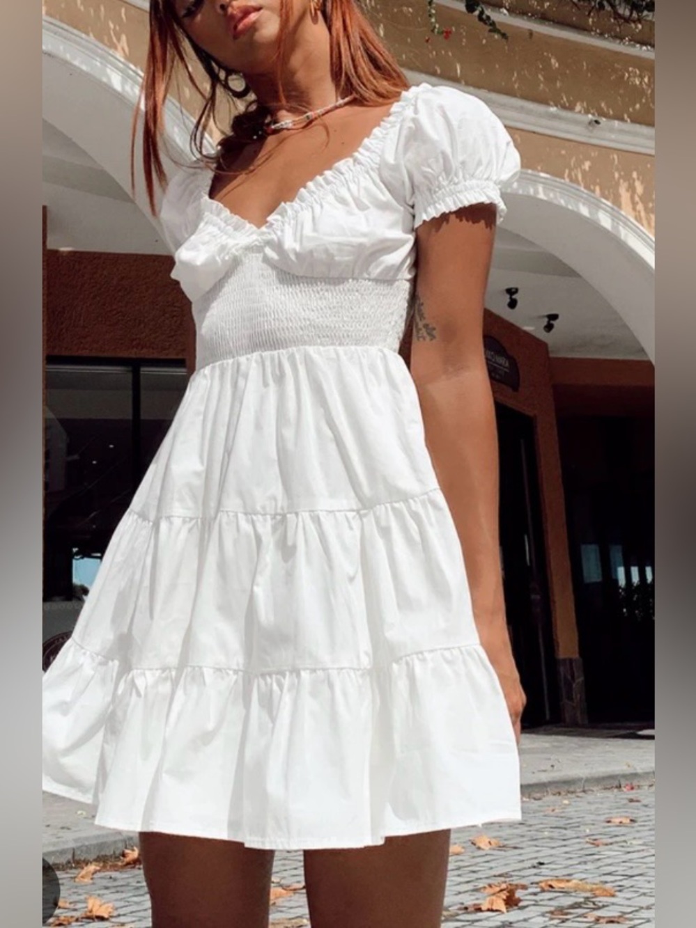 Princess Polly|White Smocked Puff sleeve tiered ruffle mini Dress,cottagecore•••